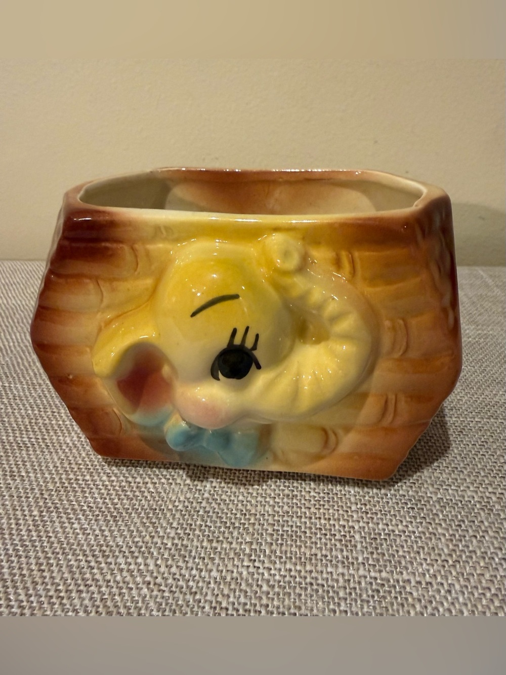 Vintage Ceramic Elephant Nursery Planter Basket Woven Yellow Blue Bow